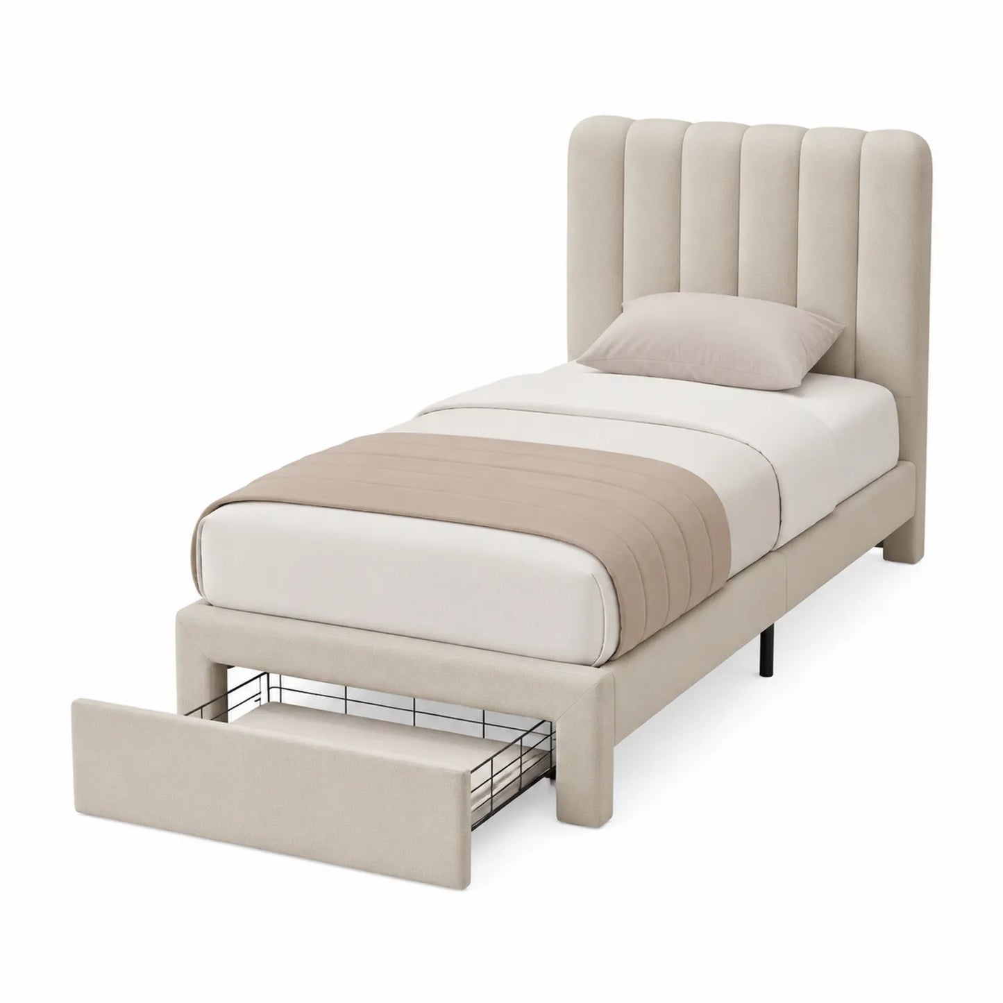 Lit simple en tissu beige avec tiroir de rangement 90x200 cm