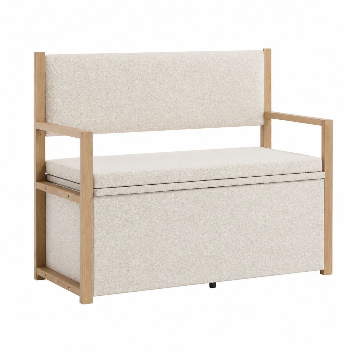 Banc de rangement en chêne et tissu beige