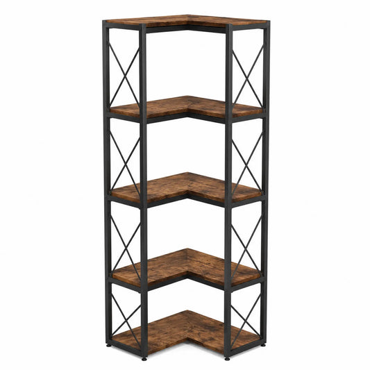 Étagère d'angle en métal et bois marron 5 niveaux