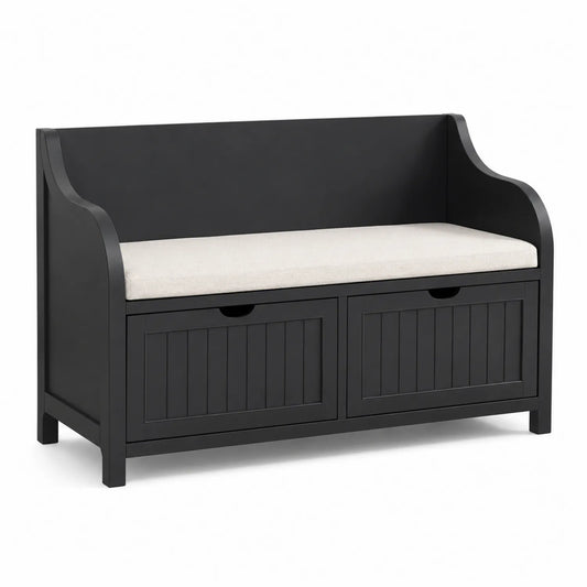 Banc de rangement en bois MDF noir avec coussin en polyester