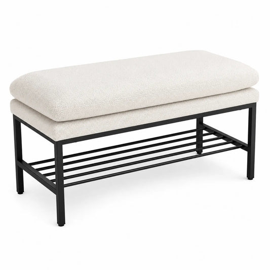 Banc en métal noir avec siège en tissu beige 100x40x45 cm