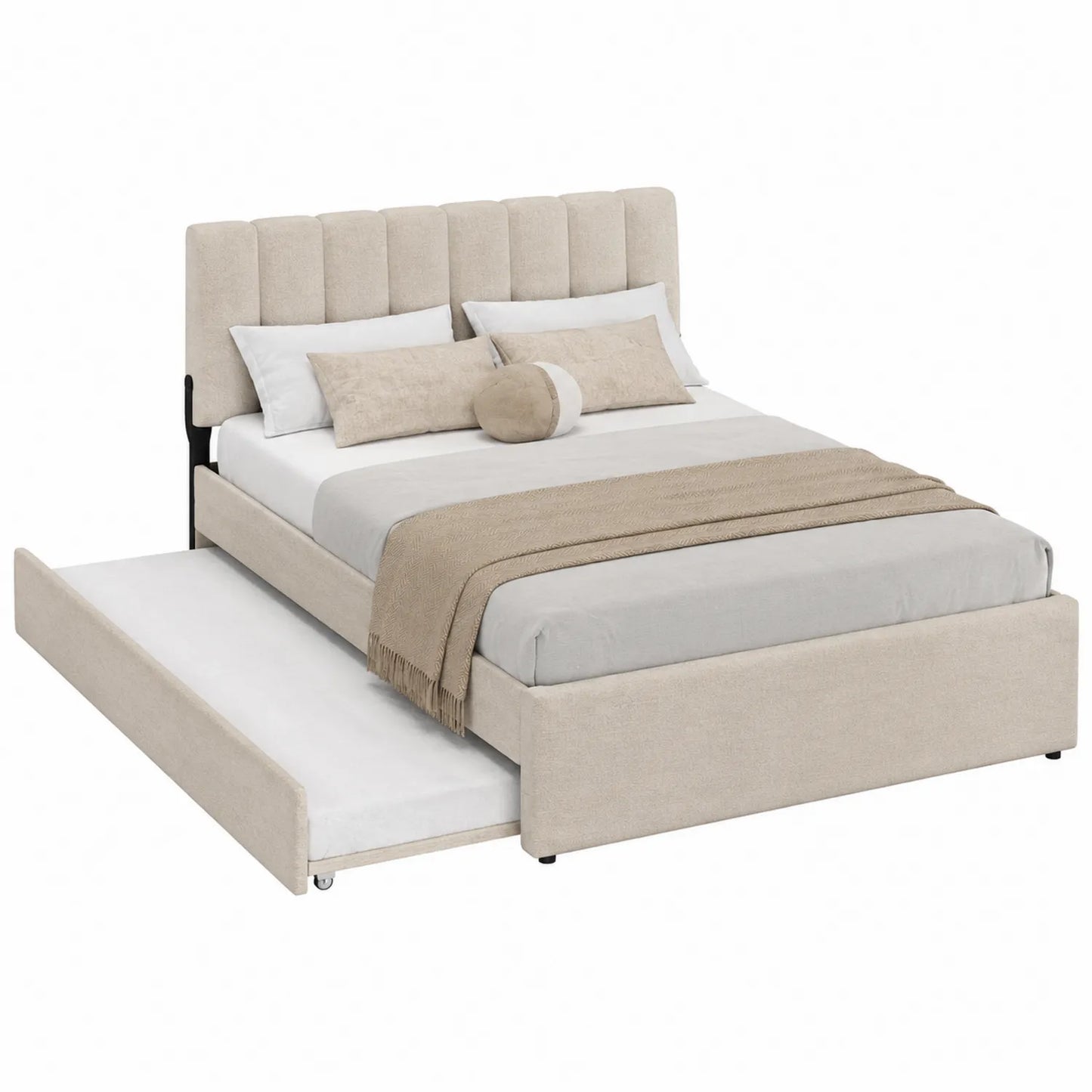 Lit double en tissu beige avec tiroir de rangement