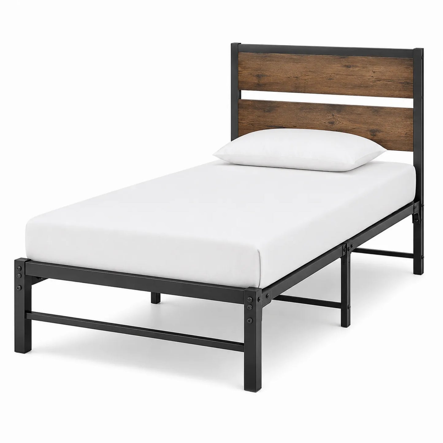 Lit simple en métal noir avec tête de lit en bois
