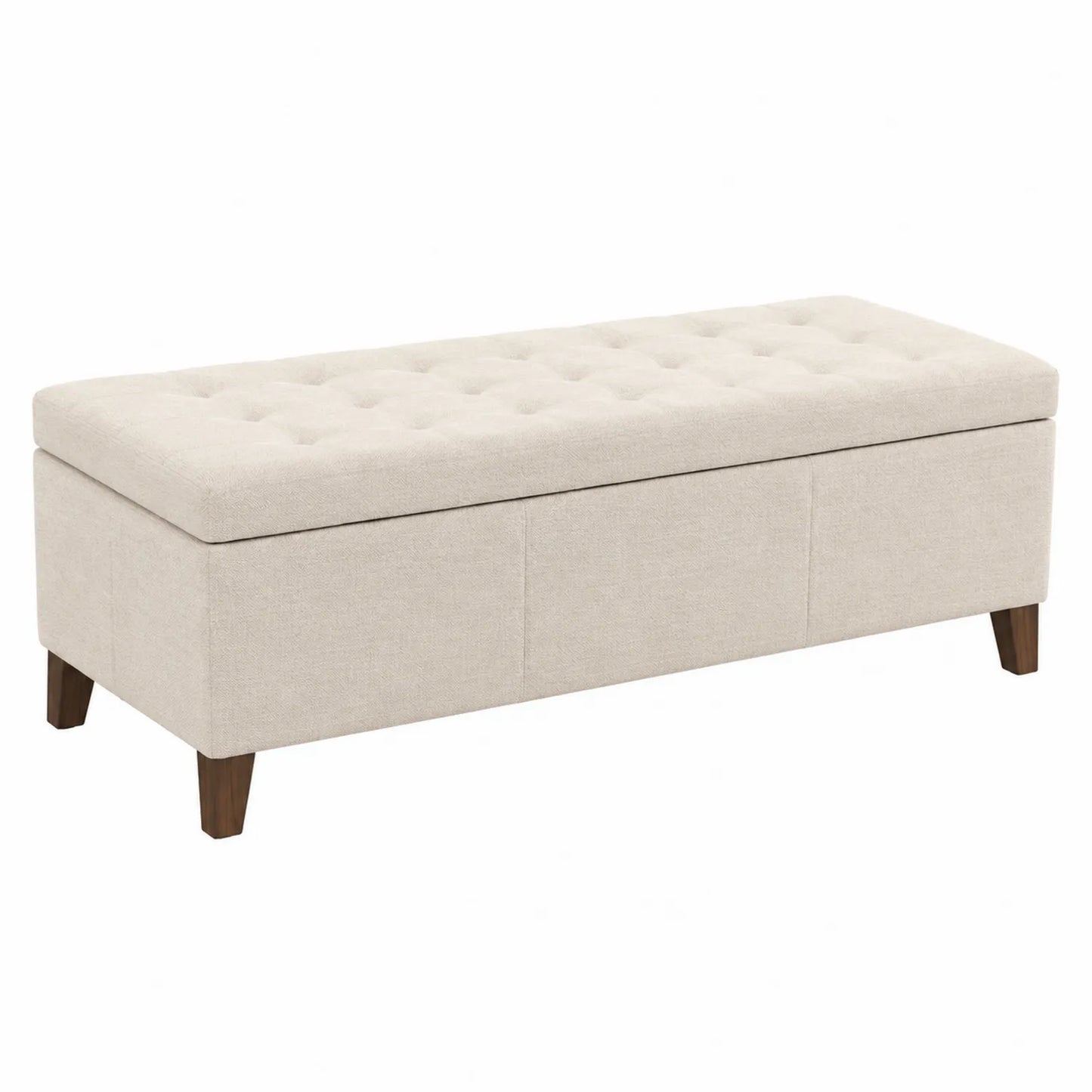 Banc de rangement rectangulaire en tissu beige avec pieds en bois