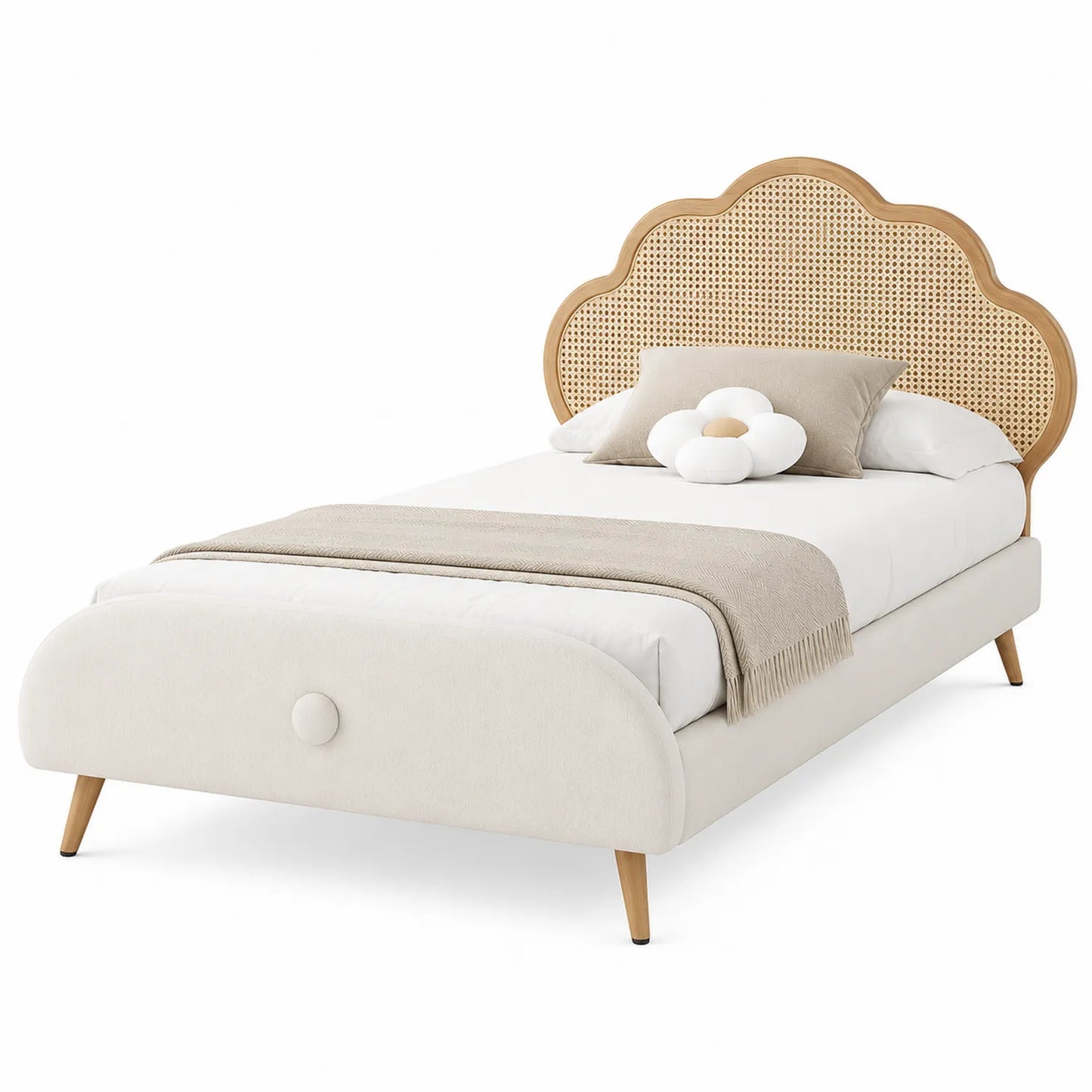 Lit simple en bois et rotin en forme de nuage, Beige