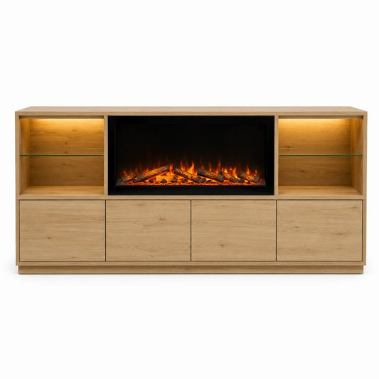 Meuble TV en MDF avec Cheminée Électrique et Verre Trempé