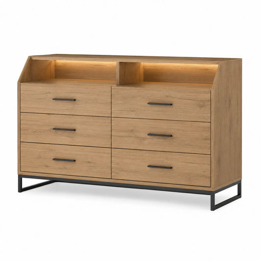 Commode en bois avec tiroirs noirs et étagères intégrées