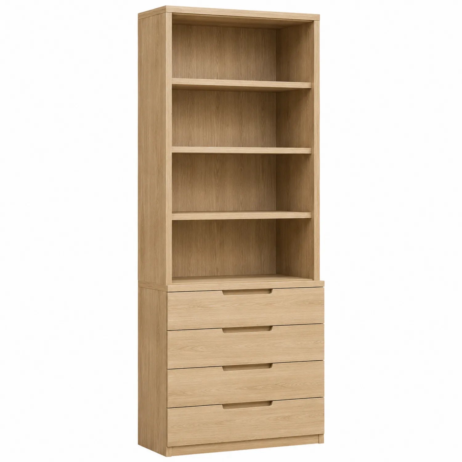 Bibliothèque en bois couleur Chêne avec 4 tiroirs et étagères