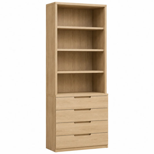 Bibliothèque en bois couleur Chêne avec 4 tiroirs et étagères