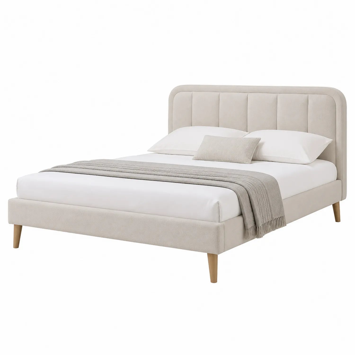 Lit double en tissu et bois 160x200 cm Beige