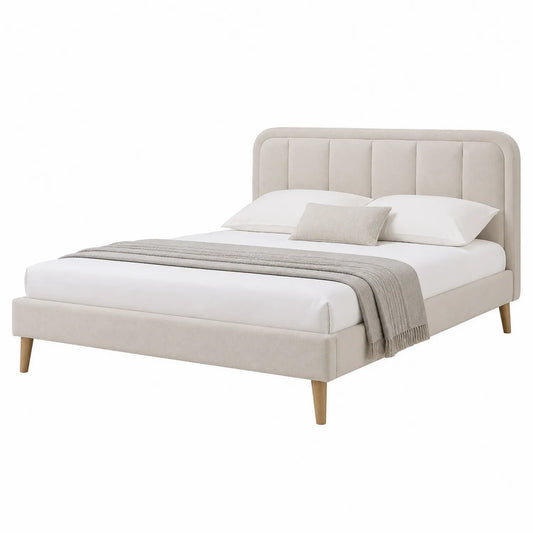 Lit double en tissu et bois 160x200 cm Beige