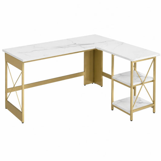 Bureau d'angle en métal doré avec plateau en marbre et étagères