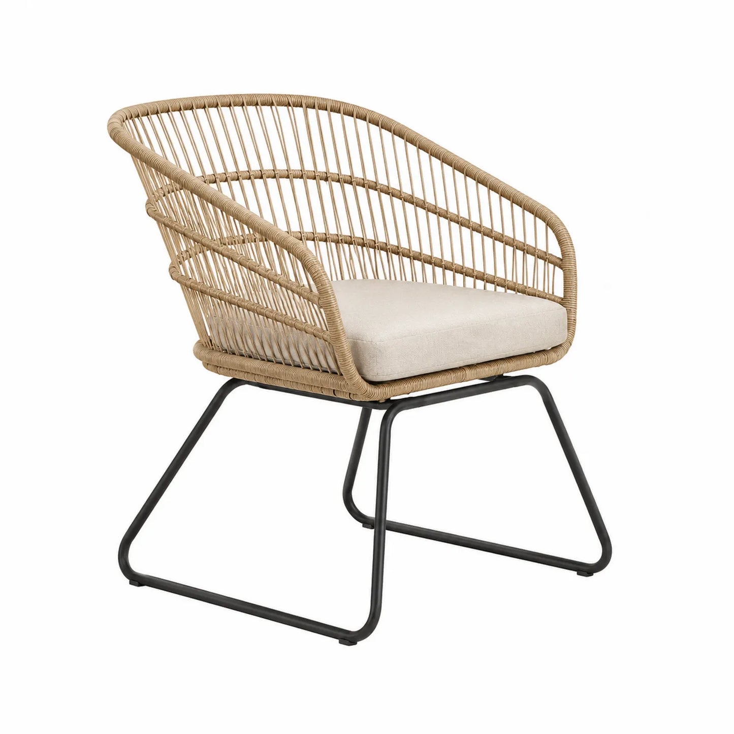 Chaise en rotin avec coussin beige et cadre en métal