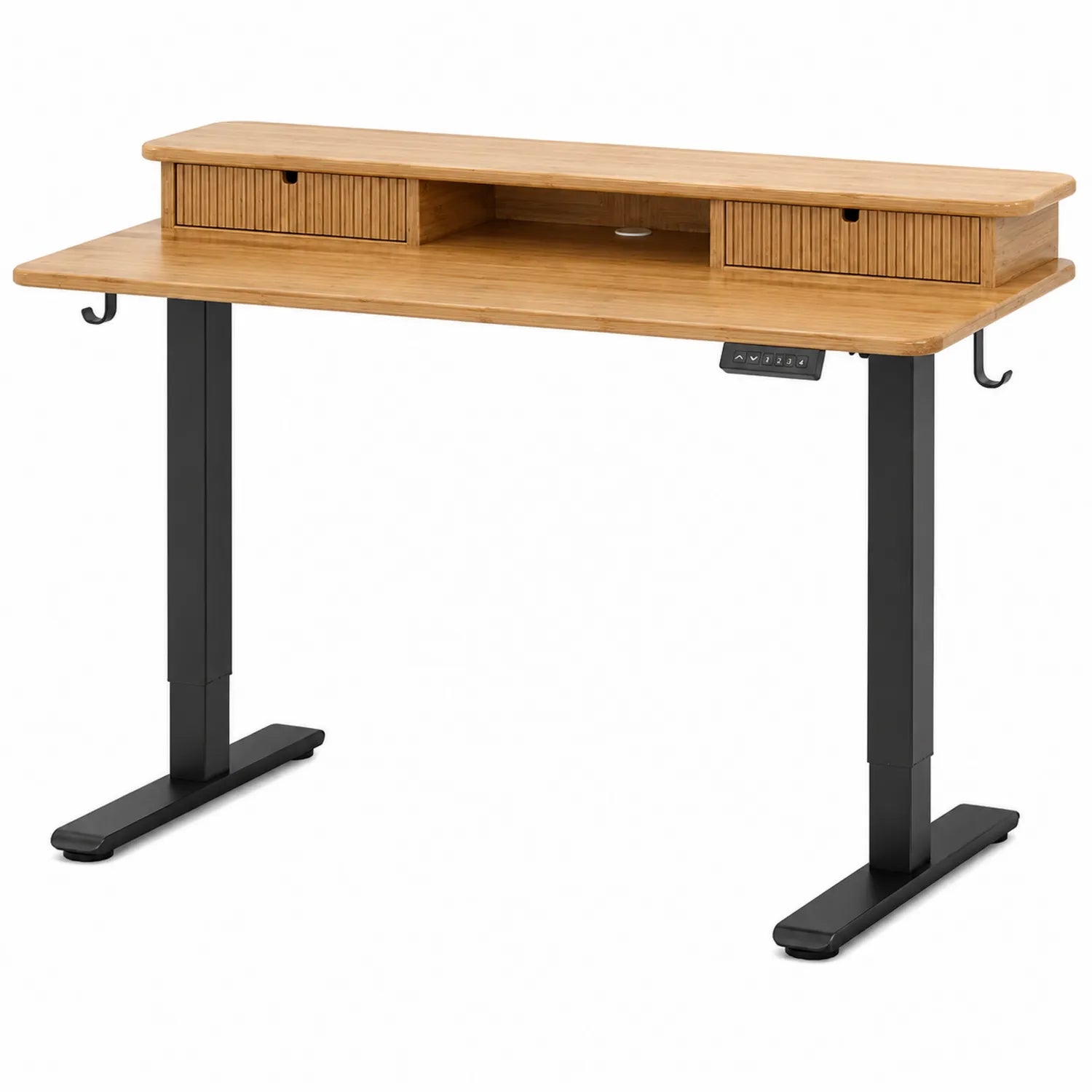 Bureau réglable en hauteur en bambou et métal avec tiroirs