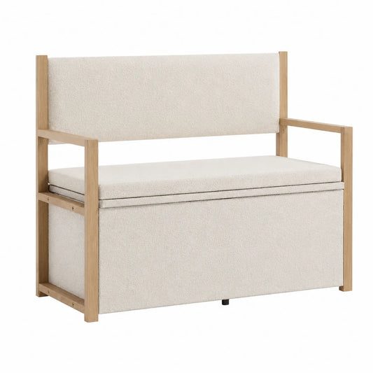 Banc de rangement en chêne et tissu beige