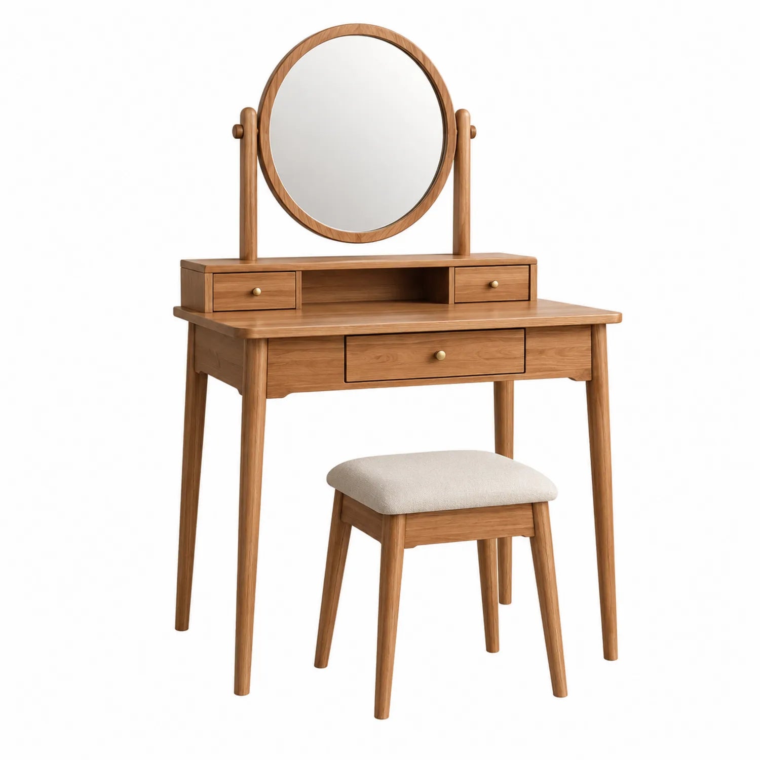 Coiffeuse en bois avec miroir rond et tabouret beige