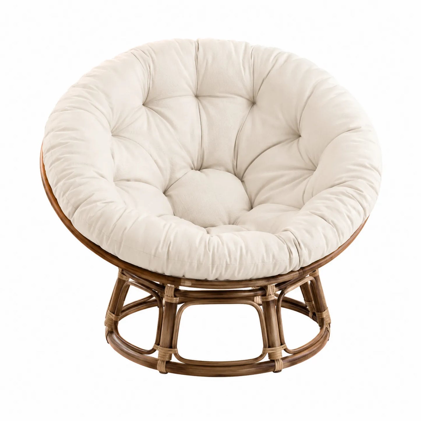 Fauteuil Papasan Rond en Rotin avec Coussin en Polyester Beige