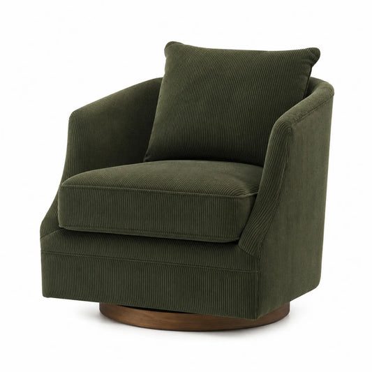 Fauteuil pivotant en velours côtelé vert avec base en bois