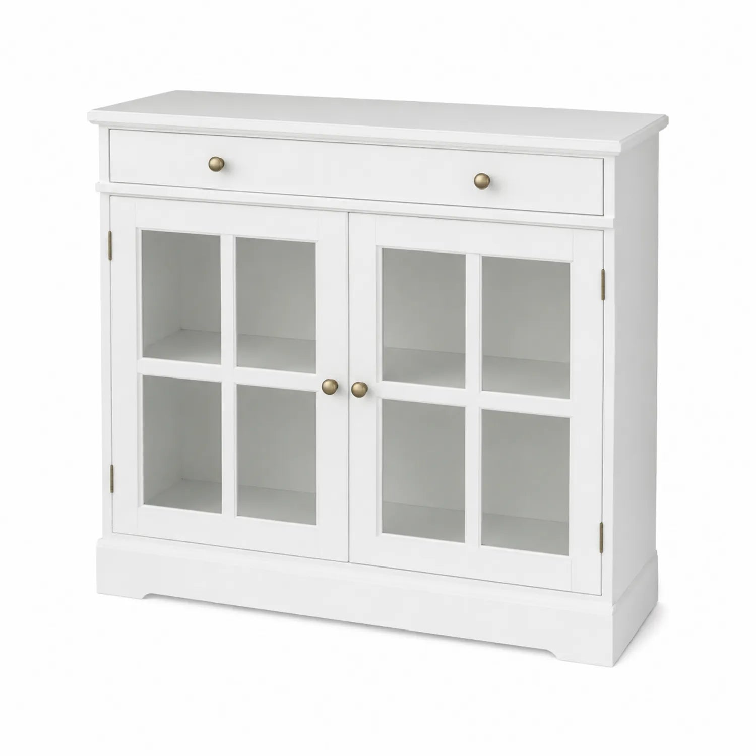 Buffet en bois avec portes en verre et tiroir, Blanc, 110x35x85 cm