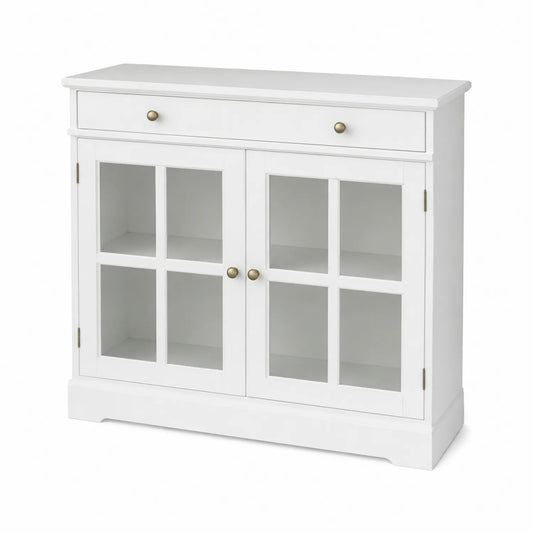 Buffet en bois avec portes en verre et tiroir, Blanc, 110x35x85 cm