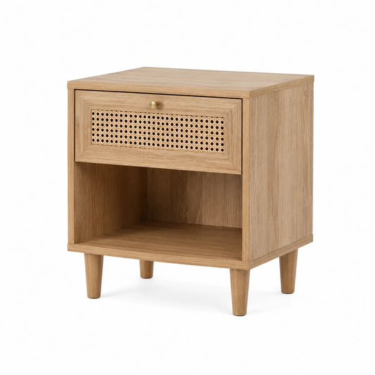Table de chevet en bois avec tiroir en rotin