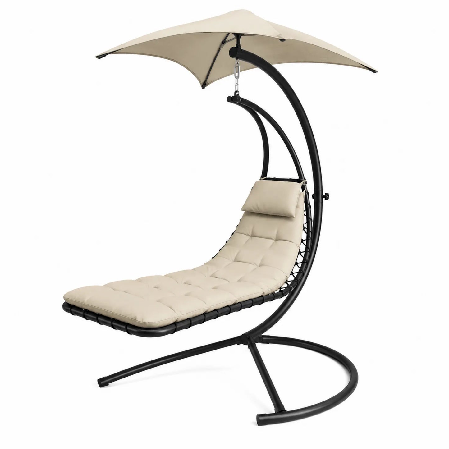 Chaise Longue Suspendue en Acier avec Coussin Beige et Auvent