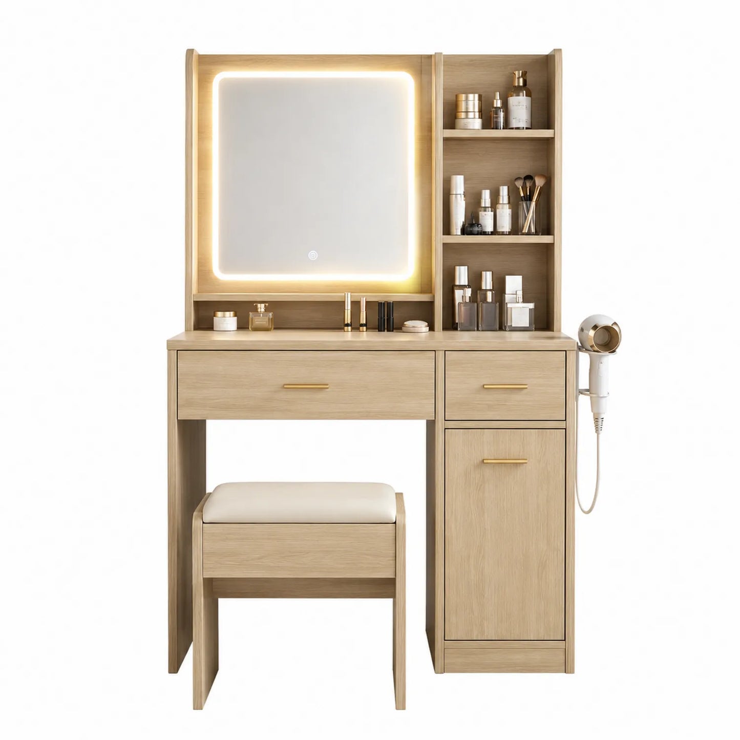 Coiffeuse en bois avec miroir LED intégré et tabouret, Chêne clair