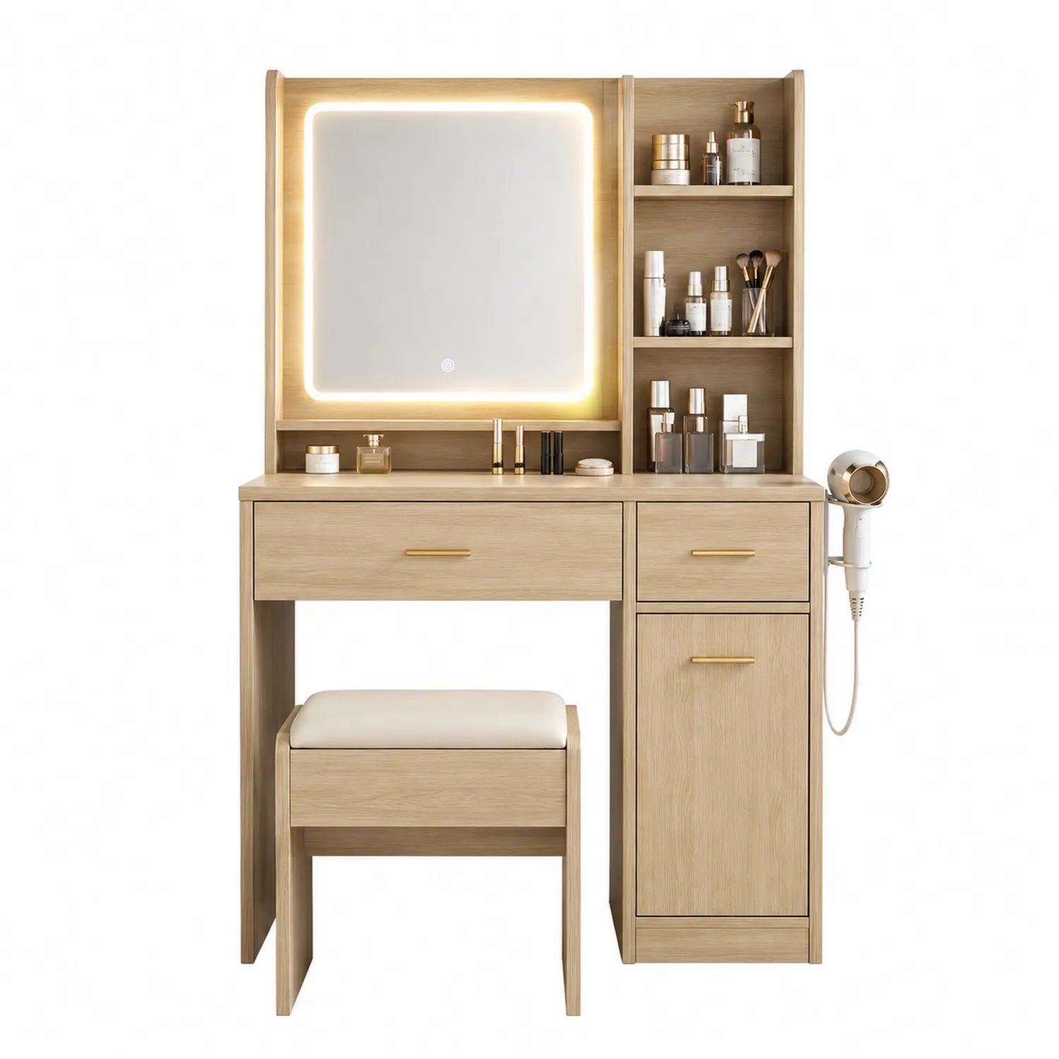 Coiffeuse en bois avec miroir LED intégré et tabouret, Chêne clair