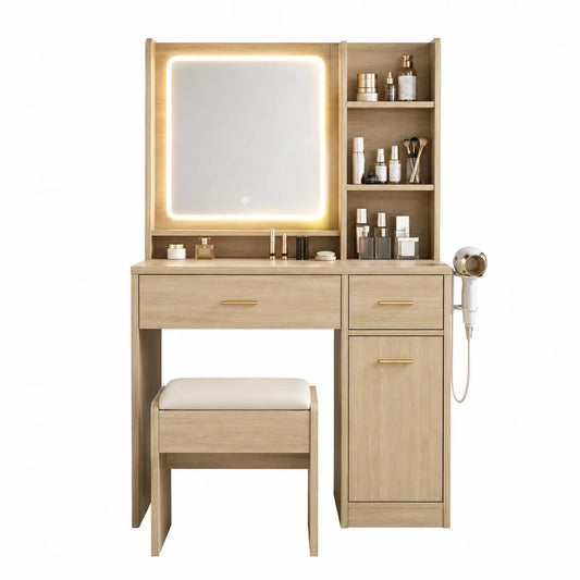 Coiffeuse en bois avec miroir LED intégré et tabouret, Chêne clair